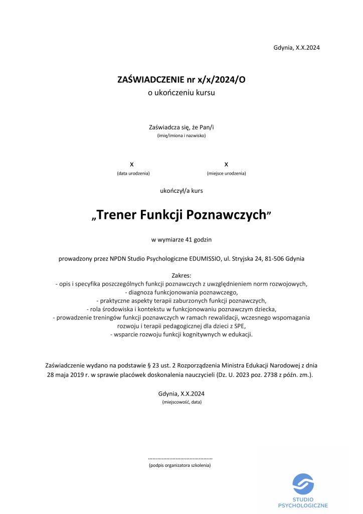Zaświadczenie MEN Trener Funkcji Poznawczych Praktyk