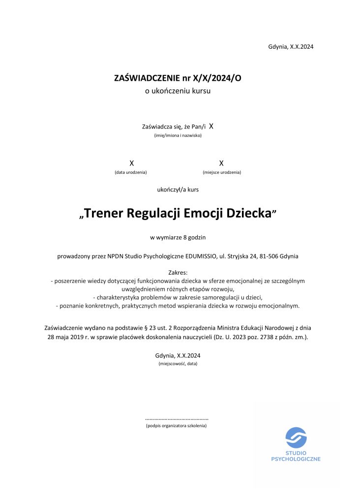 Trener Regulacji Emocji Dziecka wzór zaświadczenia