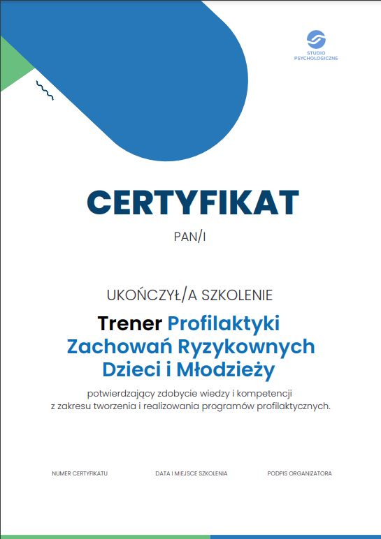Certyfikat Trener Profilaktyki Zachowań Ryzykownych Dzieci i Młodzieży