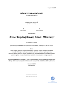 Zaświadczenie MEN Trener Regulacji Emocji Dzieci i Młodzieży