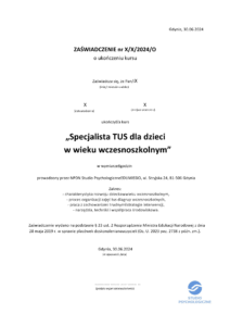 Zaświadczenie MEN “Specjalista TUS dla dzieci wczesnoszkolnych”